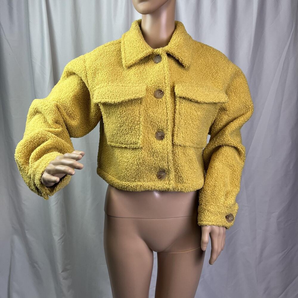 Mimosa Jacket Womens Small Yellow Sherpa Fleece Cropped Button Front Pockets